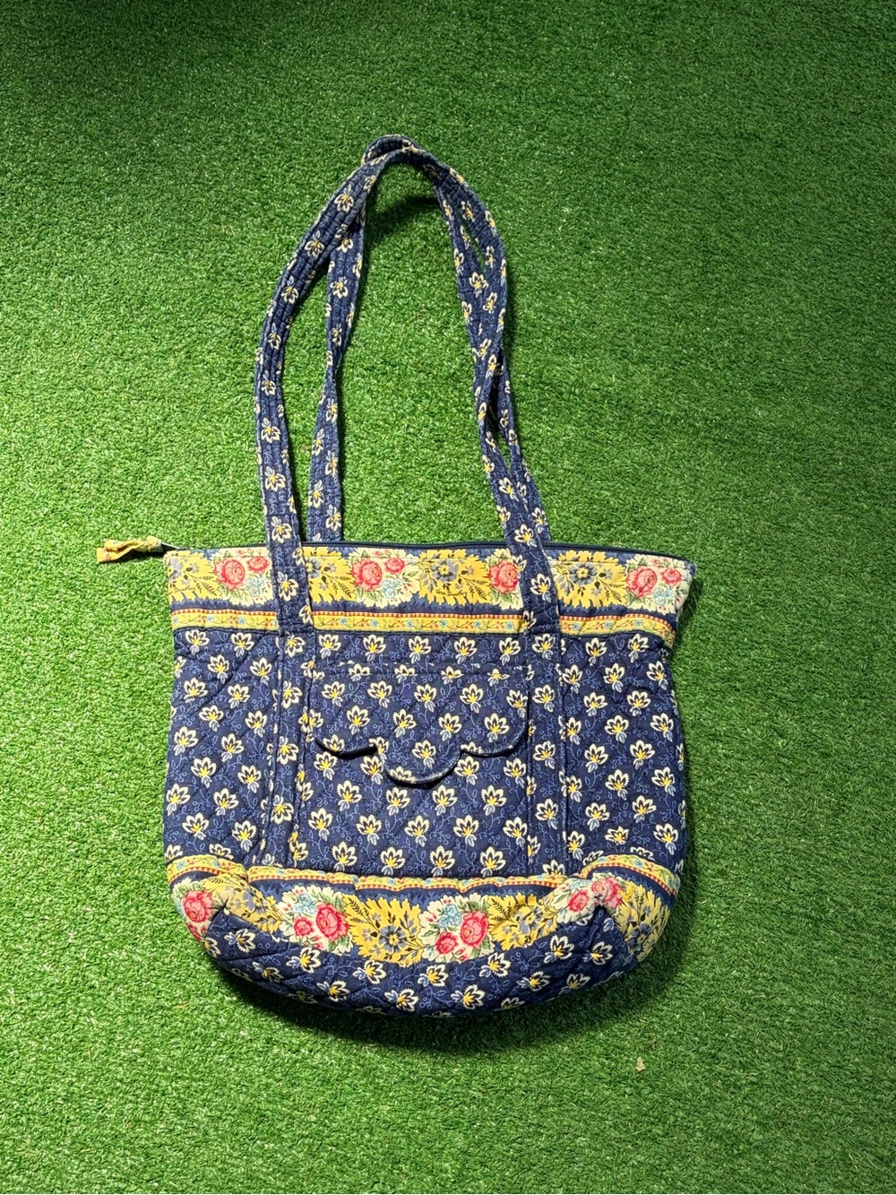 Vera Bradley Navy Quilted Floral Tote with Yellow and Pink Trim